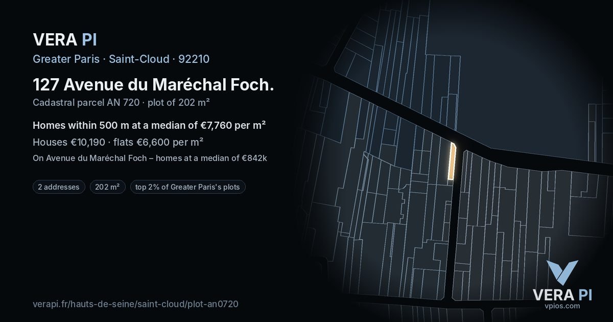 127 Avenue du Maréchal Foch, Saint-Cloud at night – the plot lit, the parcels around coloured by the prices near them
