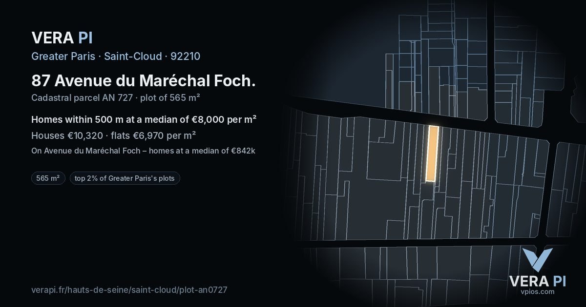 87 Avenue du Maréchal Foch, Saint-Cloud at night – the plot lit, the parcels around coloured by the prices near them