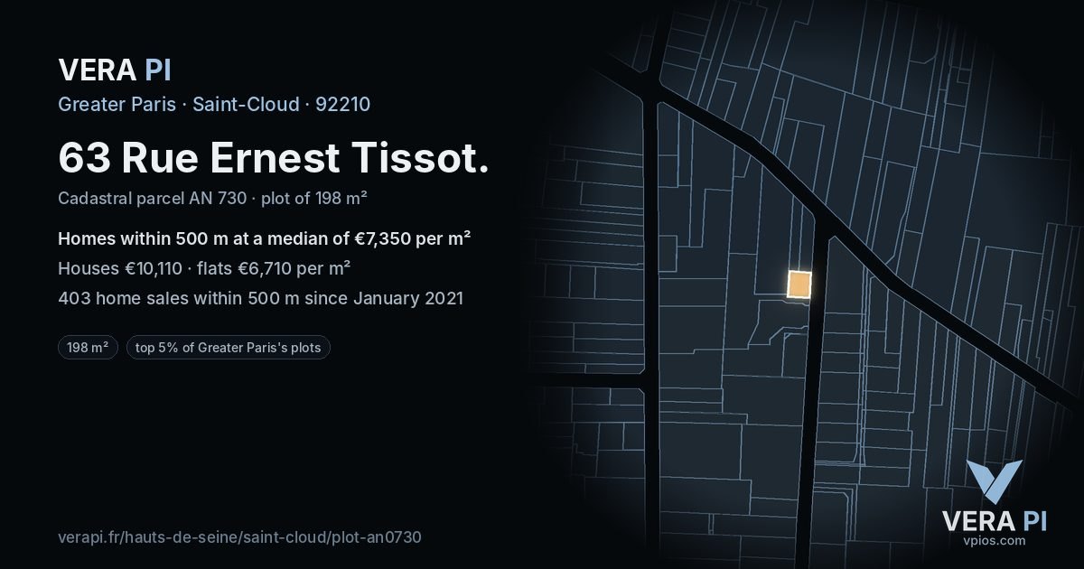 63 Rue Ernest Tissot, Saint-Cloud at night – the plot lit, the parcels around coloured by the prices near them