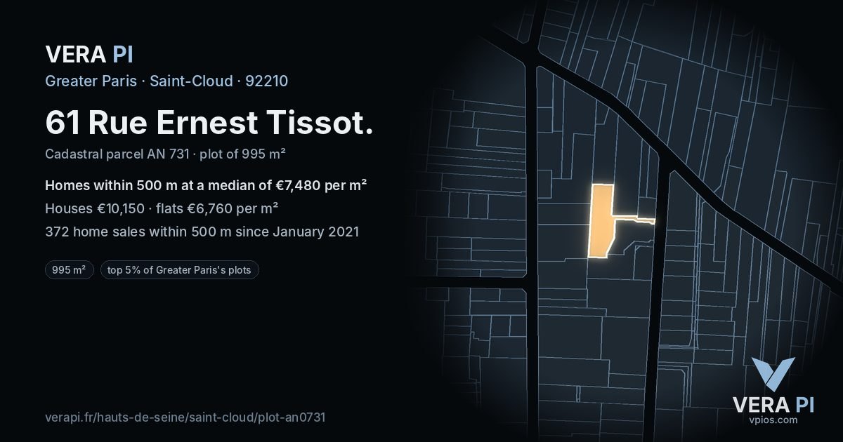 61 Rue Ernest Tissot, Saint-Cloud at night – the plot lit, the parcels around coloured by the prices near them