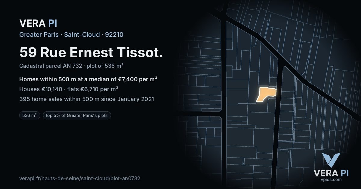 59 Rue Ernest Tissot, Saint-Cloud at night – the plot lit, the parcels around coloured by the prices near them