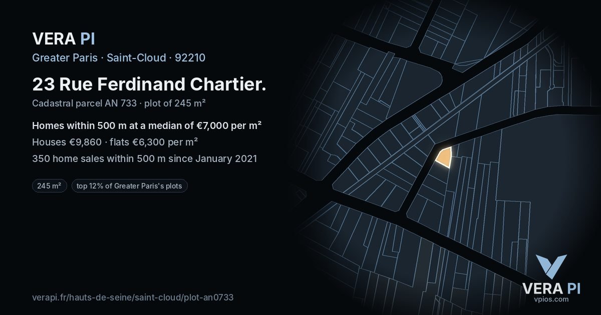 23 Rue Ferdinand Chartier, Saint-Cloud at night – the plot lit, the parcels around coloured by the prices near them