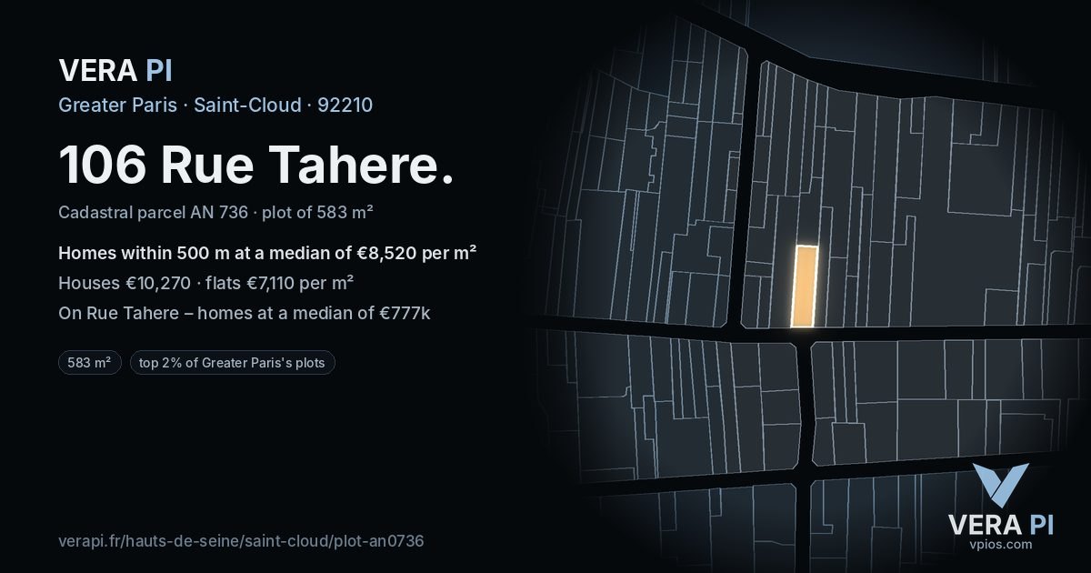 106 Rue Tahere, Saint-Cloud at night – the plot lit, the parcels around coloured by the prices near them