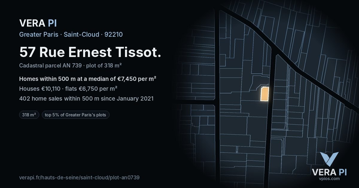 57 Rue Ernest Tissot, Saint-Cloud at night – the plot lit, the parcels around coloured by the prices near them