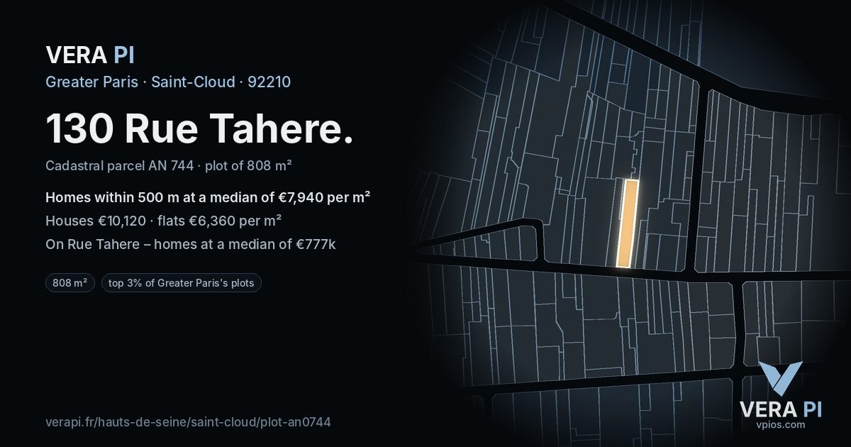130 Rue Tahere, Saint-Cloud at night – the plot lit, the parcels around coloured by the prices near them