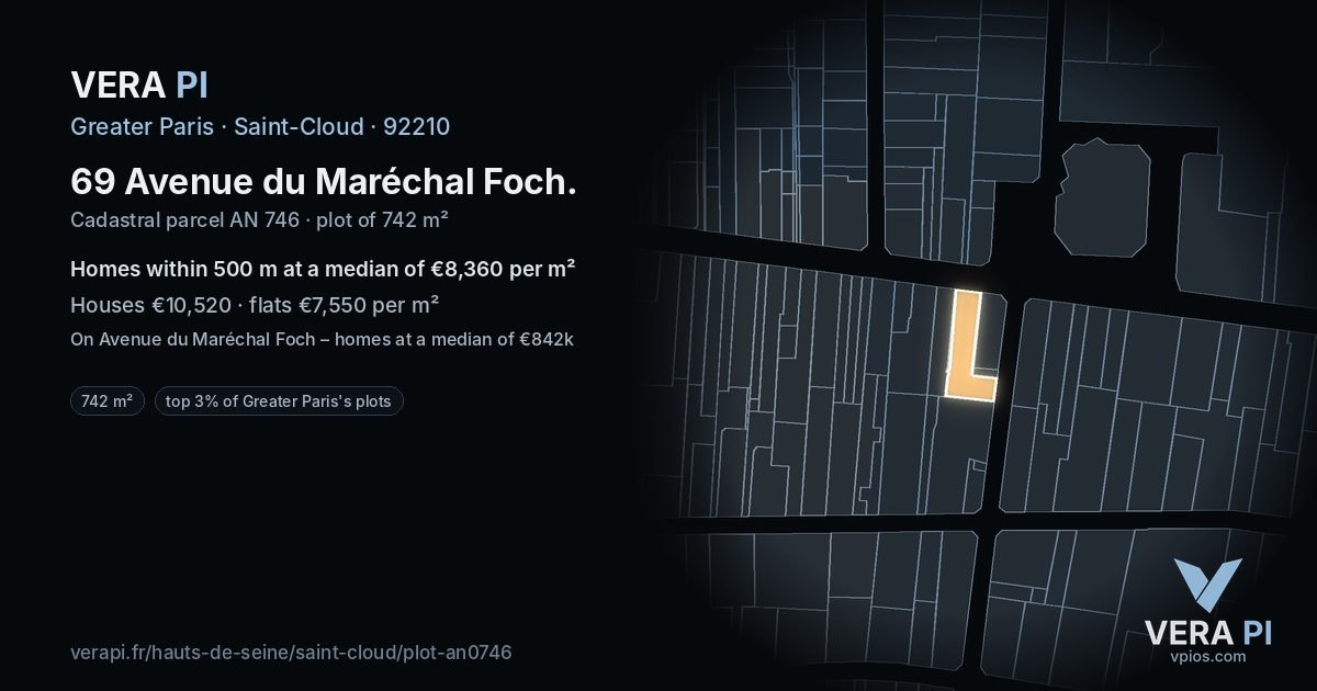 69 Avenue du Maréchal Foch, Saint-Cloud at night – the plot lit, the parcels around coloured by the prices near them