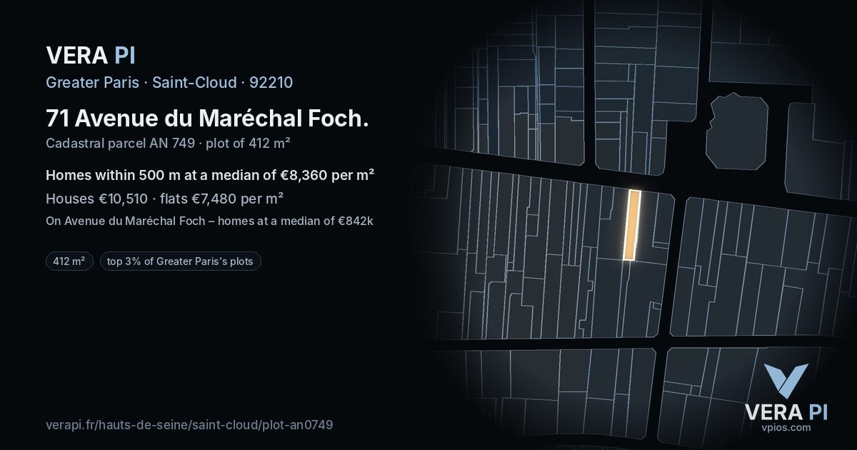 71 Avenue du Maréchal Foch, Saint-Cloud at night – the plot lit, the parcels around coloured by the prices near them