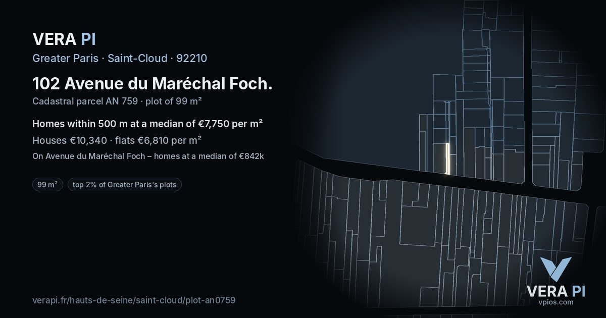 102 Avenue du Maréchal Foch, Saint-Cloud at night – the plot lit, the parcels around coloured by the prices near them