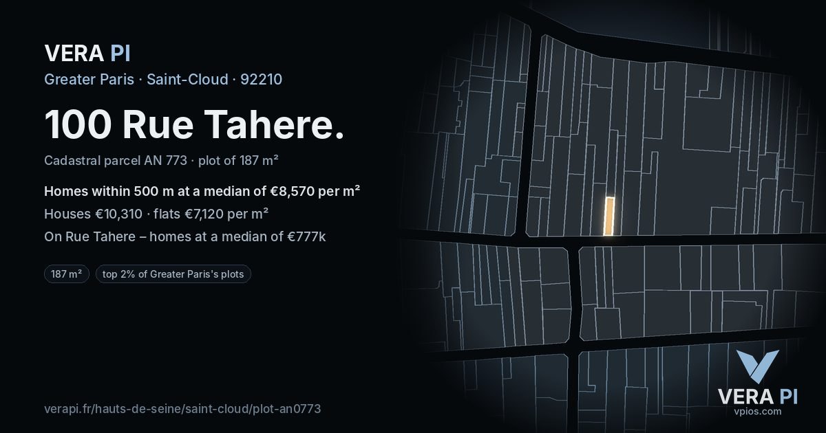 100 Rue Tahere, Saint-Cloud at night – the plot lit, the parcels around coloured by the prices near them