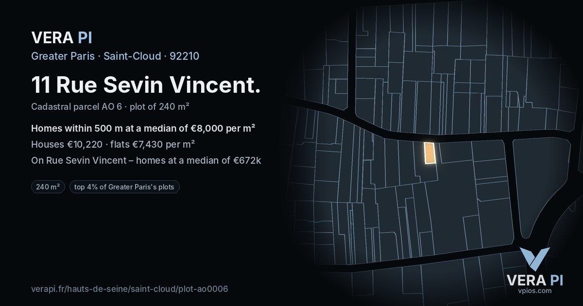 11 Rue Sevin Vincent, Saint-Cloud at night – the plot lit, the parcels around coloured by the prices near them