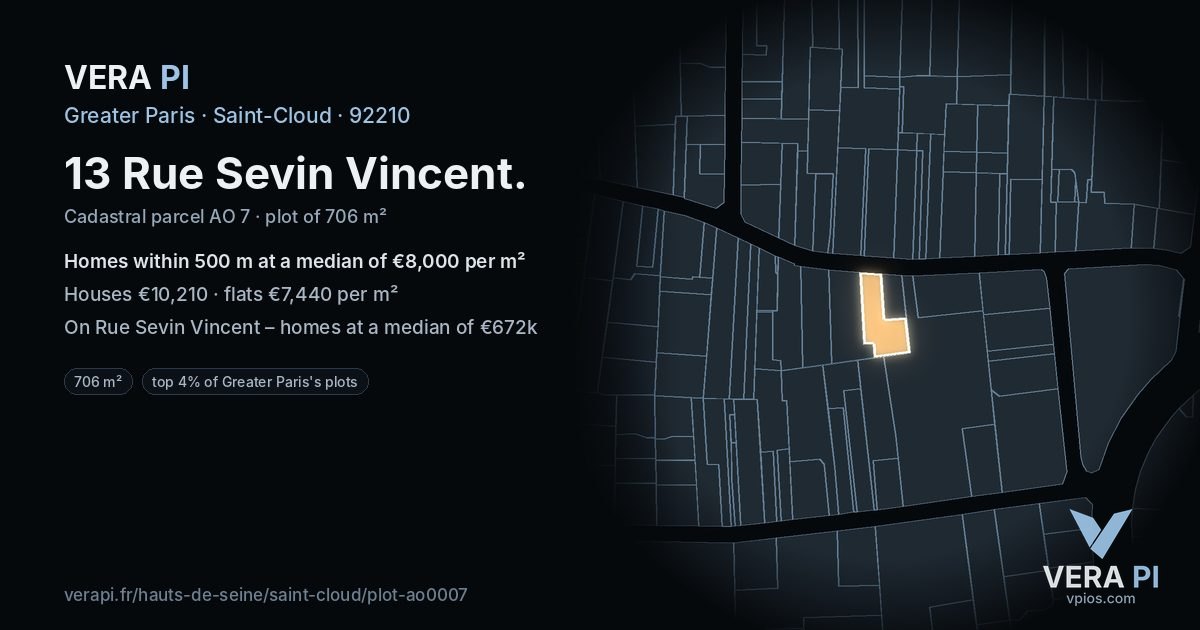 13 Rue Sevin Vincent, Saint-Cloud at night – the plot lit, the parcels around coloured by the prices near them