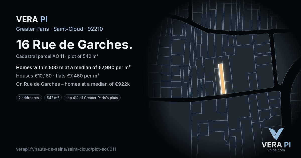16 Rue de Garches, Saint-Cloud at night – the plot lit, the parcels around coloured by the prices near them