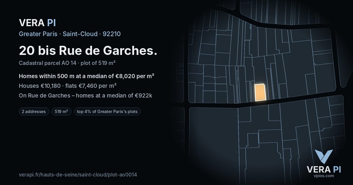 20 bis Rue de Garches, Saint-Cloud at night – the plot lit, the parcels around coloured by the prices near them