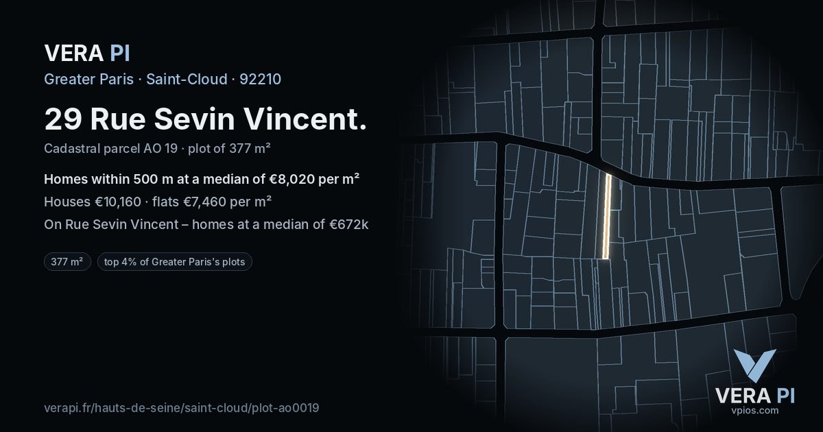 29 Rue Sevin Vincent, Saint-Cloud at night – the plot lit, the parcels around coloured by the prices near them