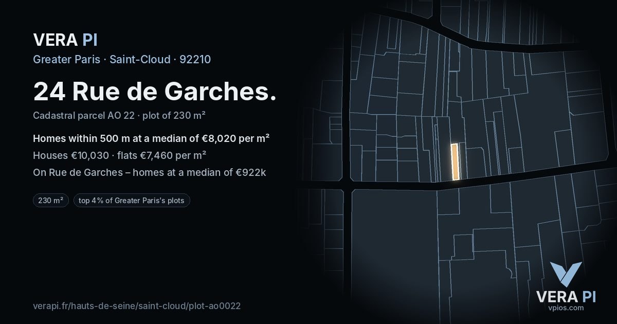 24 Rue de Garches, Saint-Cloud at night – the plot lit, the parcels around coloured by the prices near them