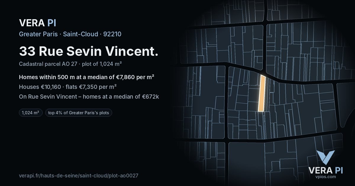 33 Rue Sevin Vincent, Saint-Cloud at night – the plot lit, the parcels around coloured by the prices near them