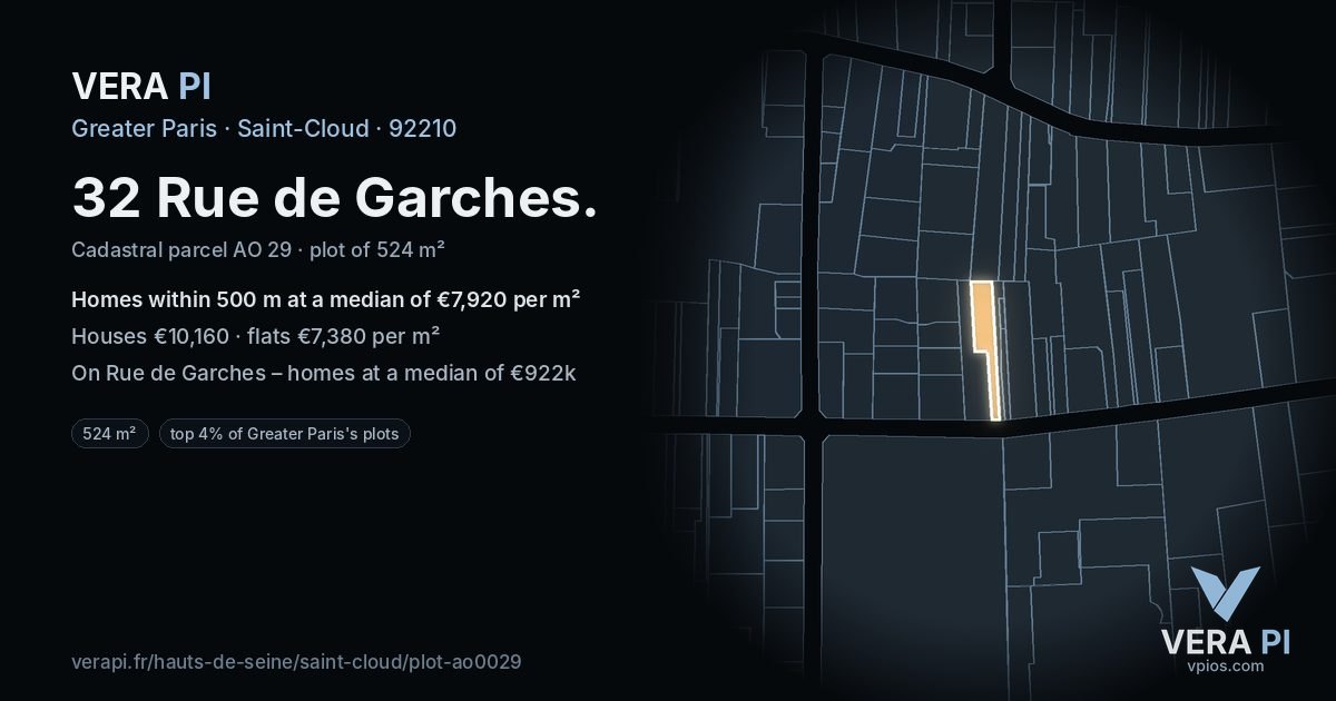 32 Rue de Garches, Saint-Cloud at night – the plot lit, the parcels around coloured by the prices near them