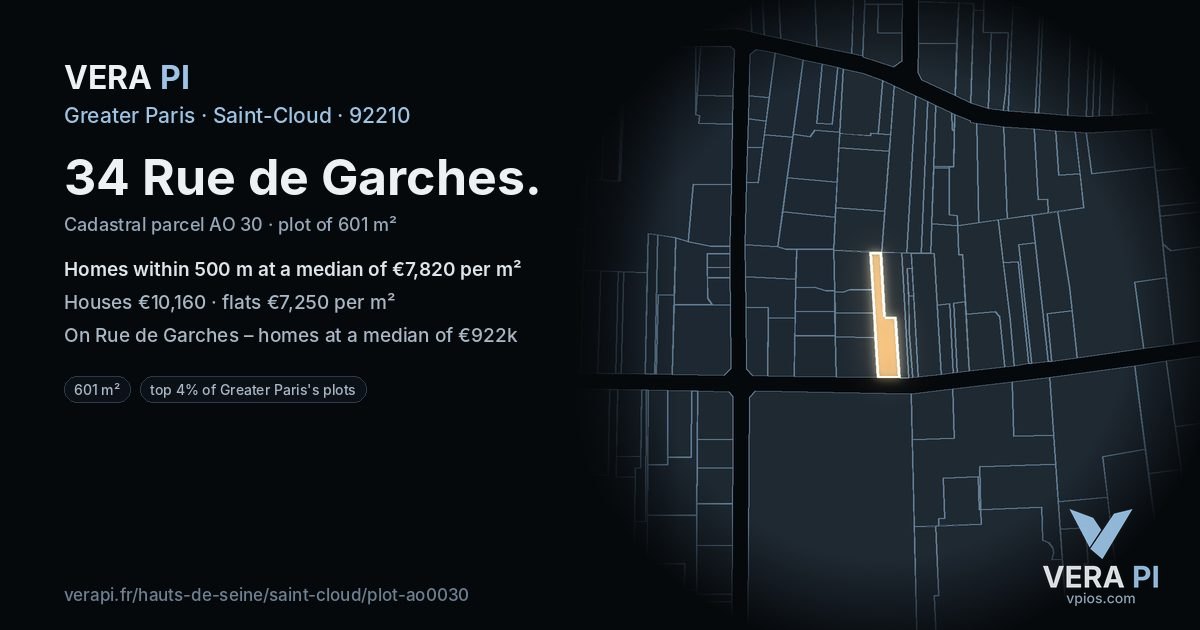 34 Rue de Garches, Saint-Cloud at night – the plot lit, the parcels around coloured by the prices near them