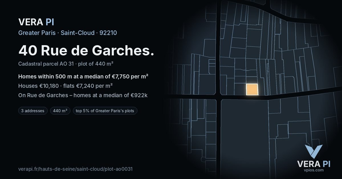 40 Rue de Garches, Saint-Cloud at night – the plot lit, the parcels around coloured by the prices near them