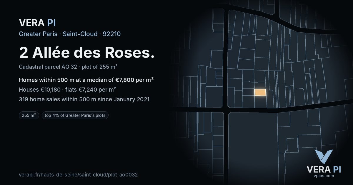 2 Allée des Roses, Saint-Cloud at night – the plot lit, the parcels around coloured by the prices near them