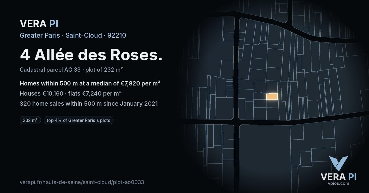4 Allée des Roses, Saint-Cloud at night – the plot lit, the parcels around coloured by the prices near them