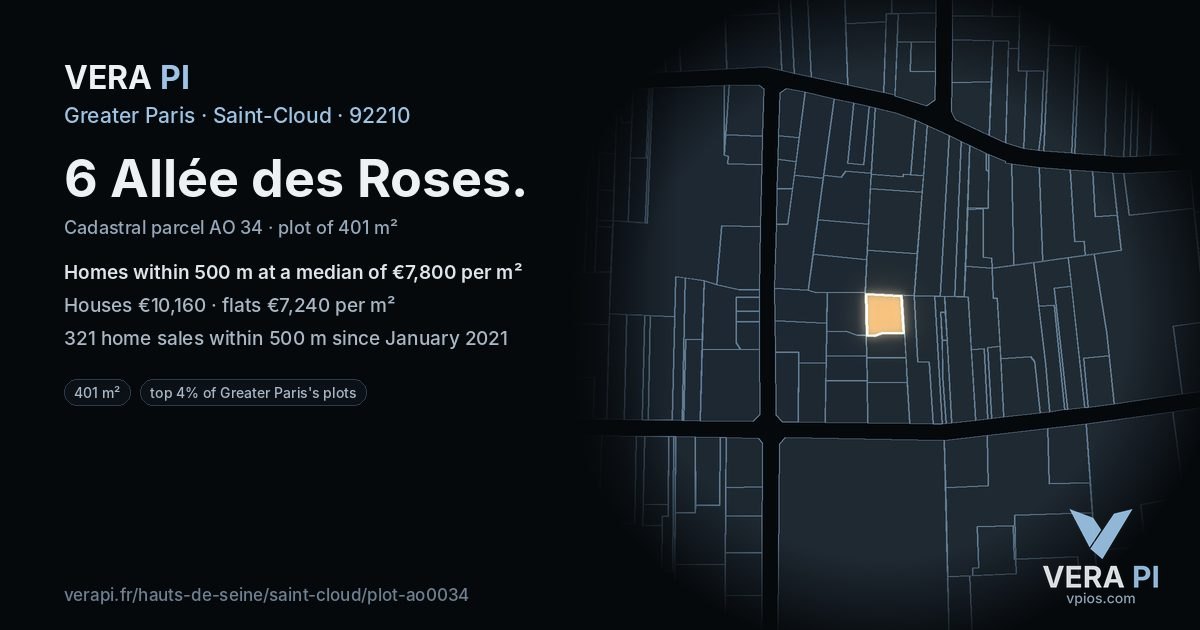 6 Allée des Roses, Saint-Cloud at night – the plot lit, the parcels around coloured by the prices near them