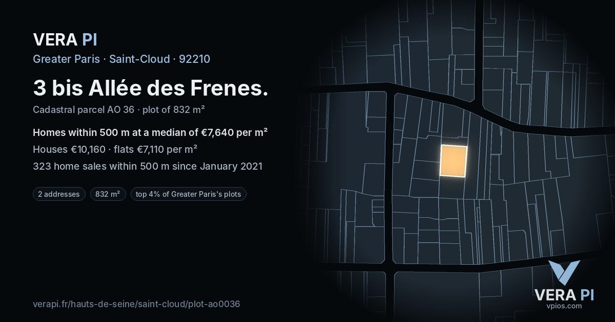 3 bis Allée des Frenes, Saint-Cloud at night – the plot lit, the parcels around coloured by the prices near them