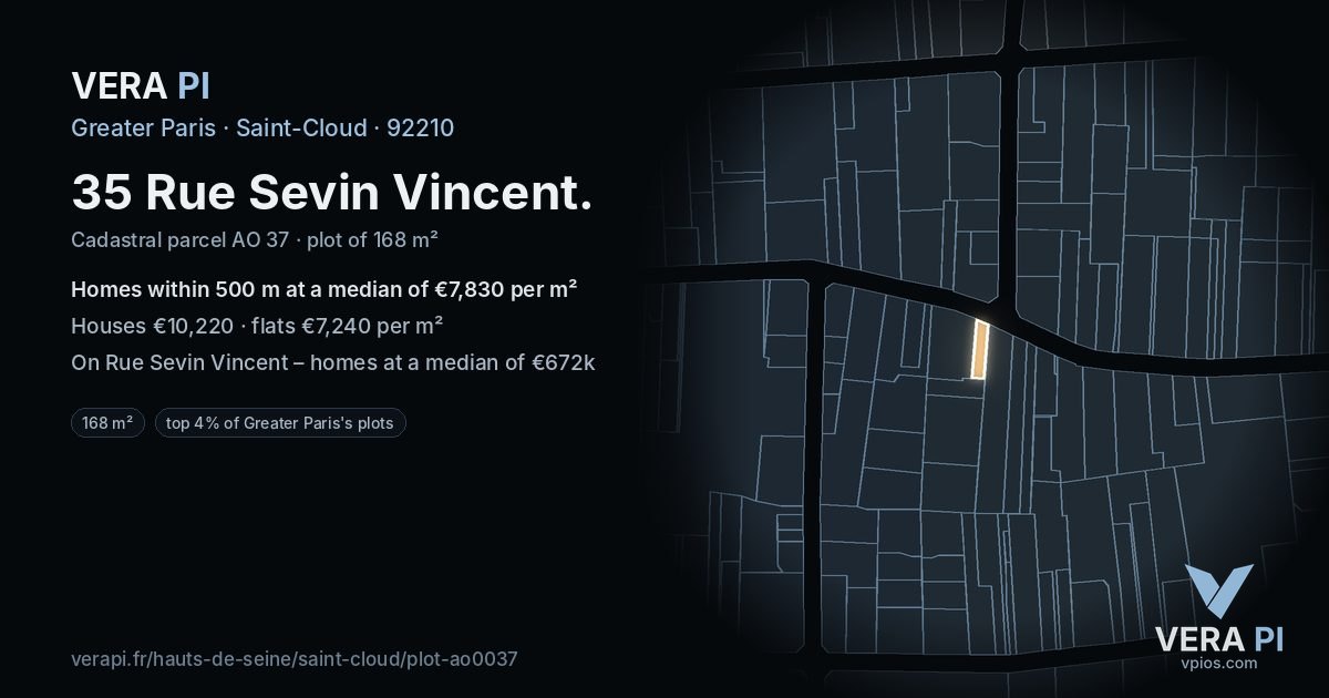 35 Rue Sevin Vincent, Saint-Cloud at night – the plot lit, the parcels around coloured by the prices near them