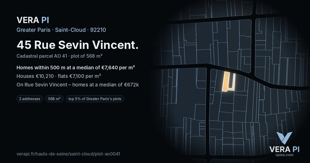 45 Rue Sevin Vincent, Saint-Cloud at night – the plot lit, the parcels around coloured by the prices near them