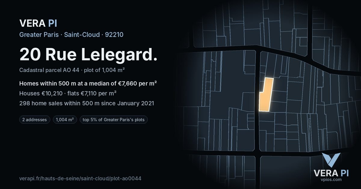 20 Rue Lelegard, Saint-Cloud at night – the plot lit, the parcels around coloured by the prices near them