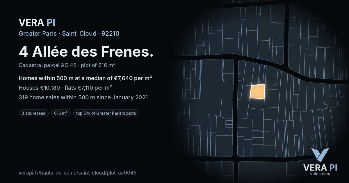 4 Allée des Frenes, Saint-Cloud at night – the plot lit, the parcels around coloured by the prices near them