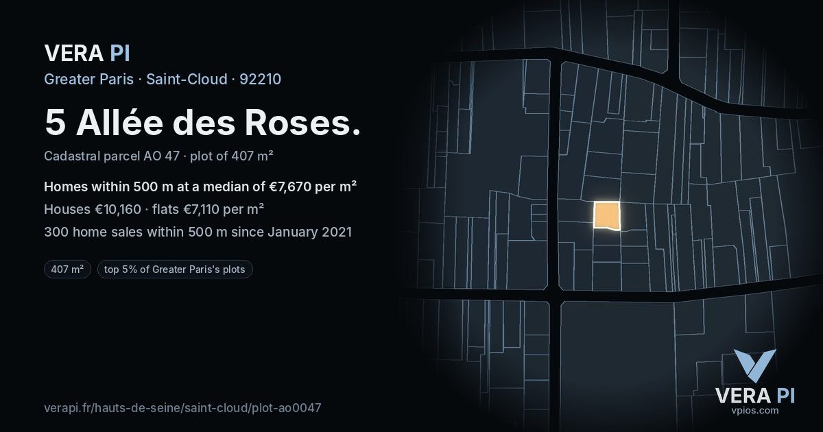 5 Allée des Roses, Saint-Cloud at night – the plot lit, the parcels around coloured by the prices near them
