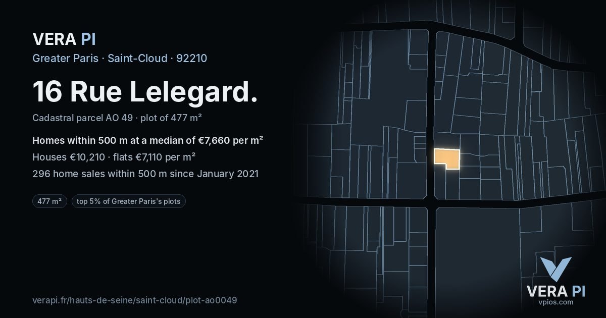 16 Rue Lelegard, Saint-Cloud at night – the plot lit, the parcels around coloured by the prices near them
