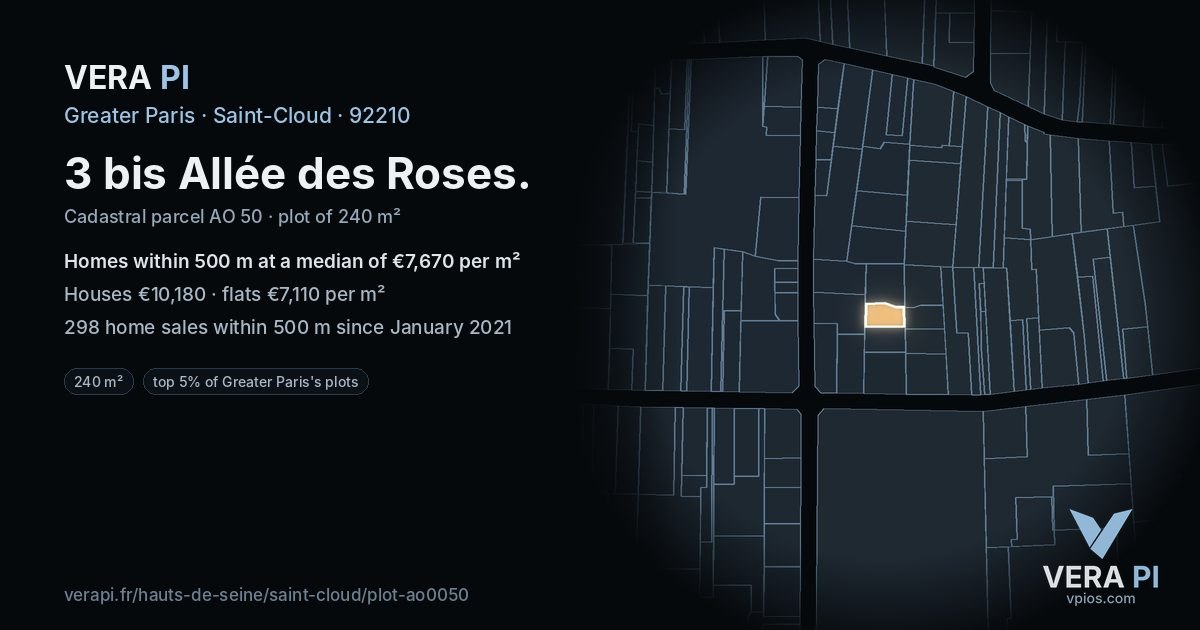 3 bis Allée des Roses, Saint-Cloud at night – the plot lit, the parcels around coloured by the prices near them
