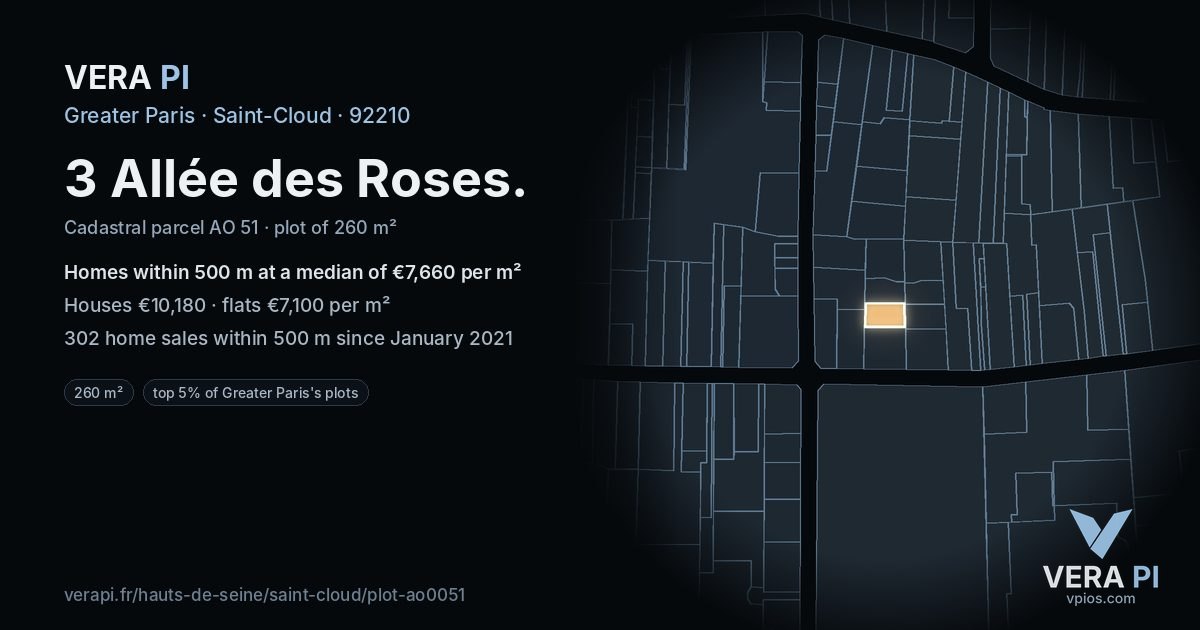 3 Allée des Roses, Saint-Cloud at night – the plot lit, the parcels around coloured by the prices near them