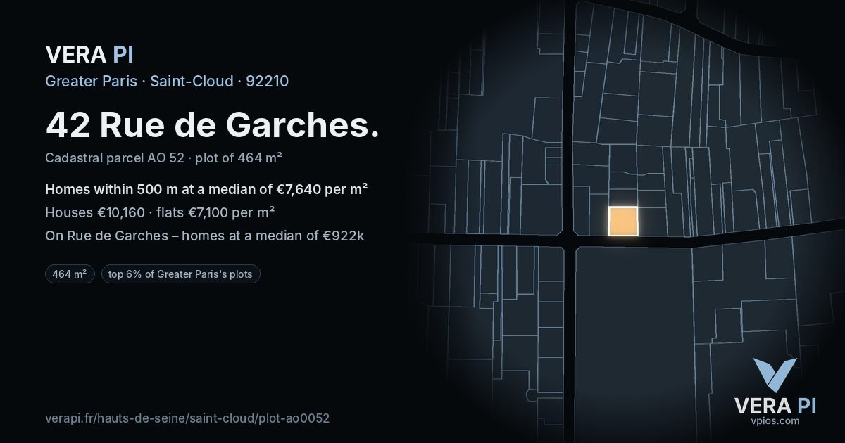42 Rue de Garches, Saint-Cloud at night – the plot lit, the parcels around coloured by the prices near them