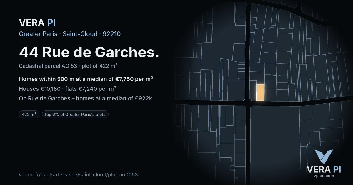 44 Rue de Garches, Saint-Cloud at night – the plot lit, the parcels around coloured by the prices near them