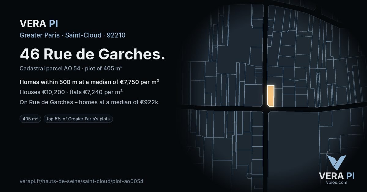 46 Rue de Garches, Saint-Cloud at night – the plot lit, the parcels around coloured by the prices near them