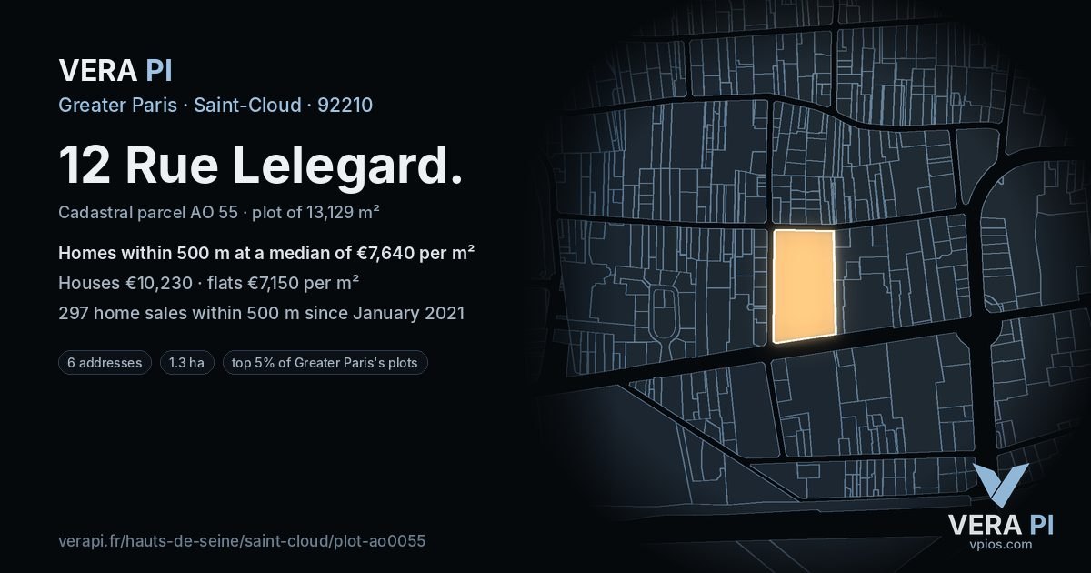 12 Rue Lelegard, Saint-Cloud at night – the plot lit, the parcels around coloured by the prices near them