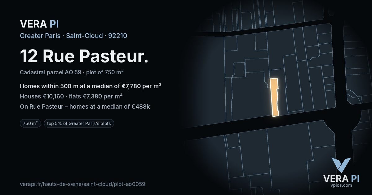 12 Rue Pasteur, Saint-Cloud at night – the plot lit, the parcels around coloured by the prices near them