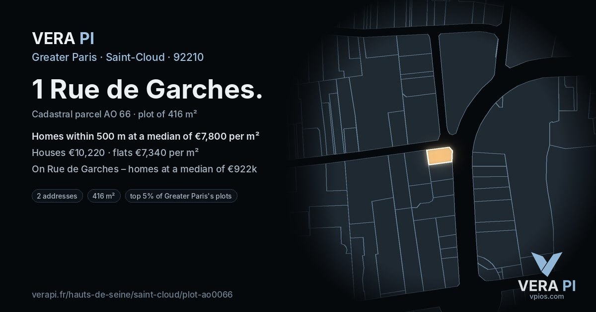 1 Rue de Garches, Saint-Cloud at night – the plot lit, the parcels around coloured by the prices near them