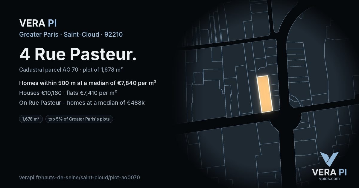 4 Rue Pasteur, Saint-Cloud at night – the plot lit, the parcels around coloured by the prices near them