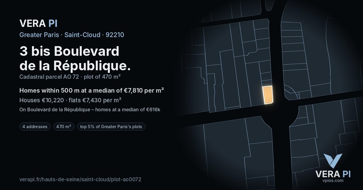 3 bis Boulevard de la République, Saint-Cloud at night – the plot lit, the parcels around coloured by the prices near them