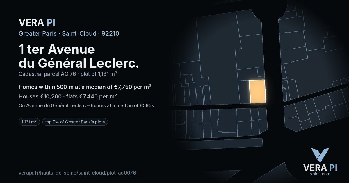 1 ter Avenue du Général Leclerc, Saint-Cloud at night – the plot lit, the parcels around coloured by the prices near them