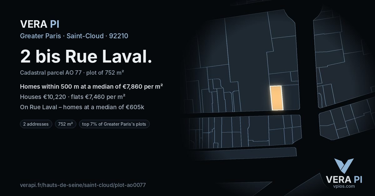 2 bis Rue Laval, Saint-Cloud at night – the plot lit, the parcels around coloured by the prices near them
