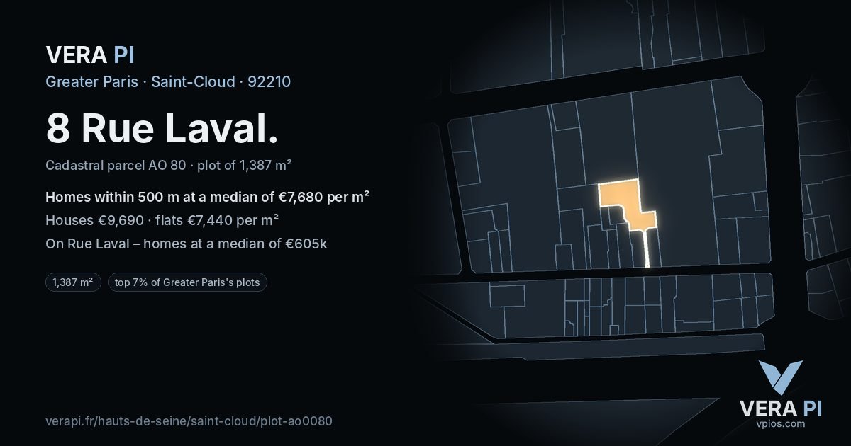 8 Rue Laval, Saint-Cloud at night – the plot lit, the parcels around coloured by the prices near them