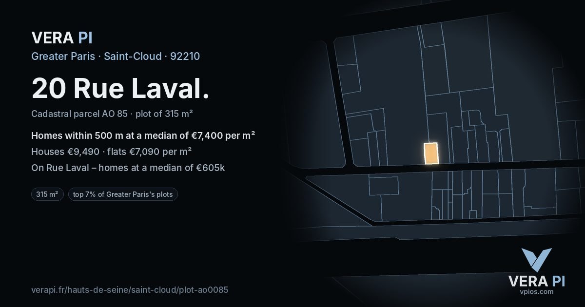 20 Rue Laval, Saint-Cloud at night – the plot lit, the parcels around coloured by the prices near them