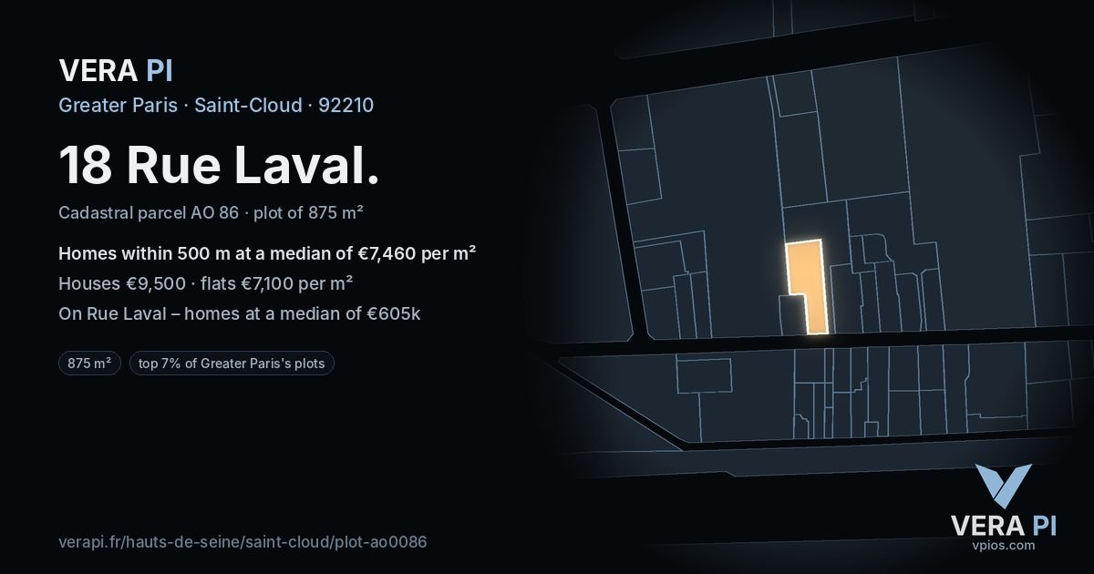 18 Rue Laval, Saint-Cloud at night – the plot lit, the parcels around coloured by the prices near them