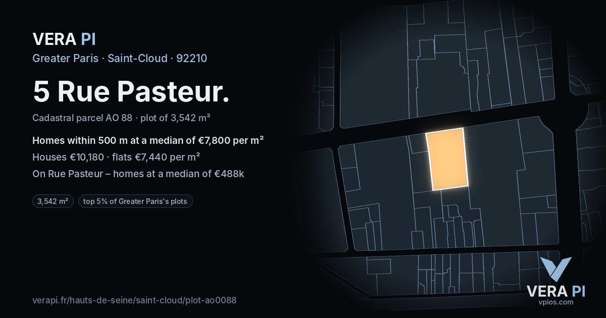 5 Rue Pasteur, Saint-Cloud at night – the plot lit, the parcels around coloured by the prices near them