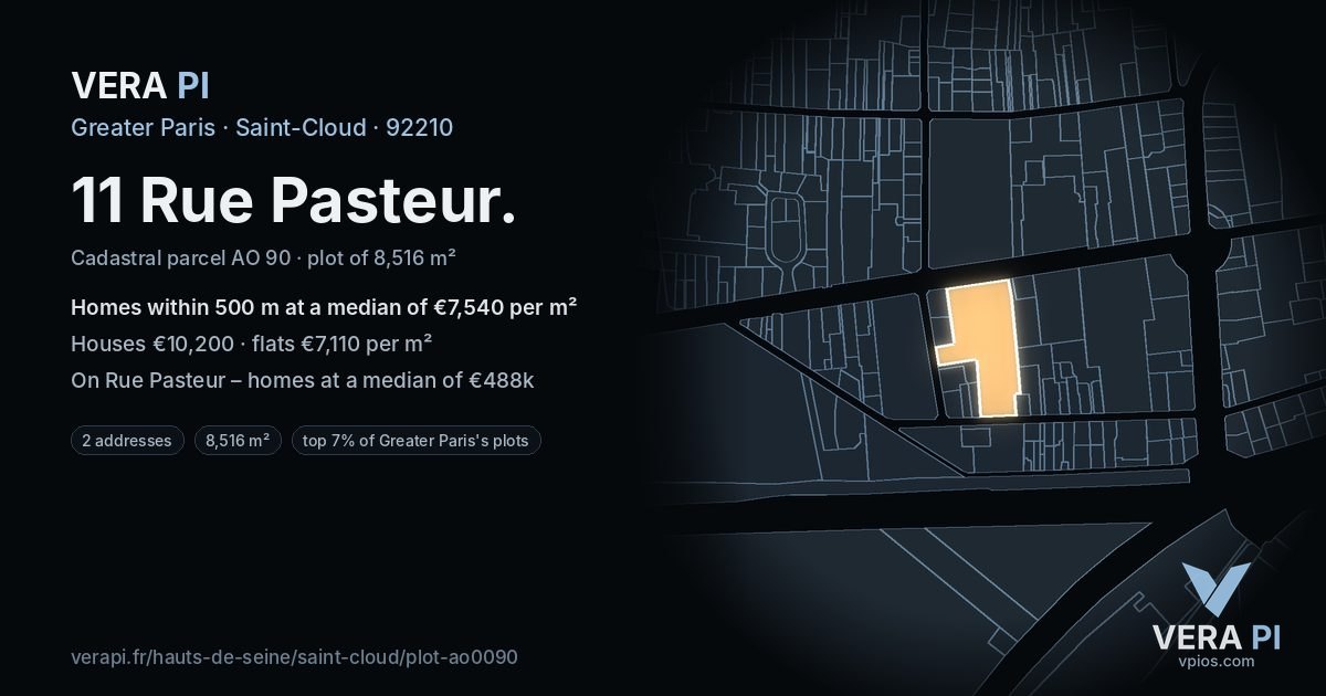 11 Rue Pasteur, Saint-Cloud at night – the plot lit, the parcels around coloured by the prices near them